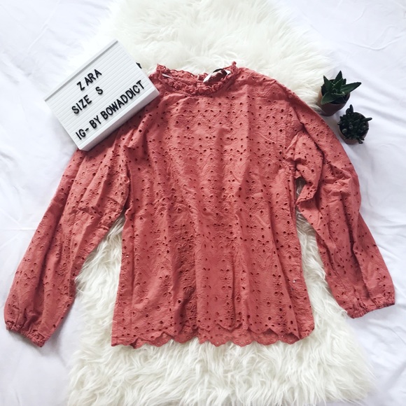 Zara Tops - 🌷 • Embroidery Romantic Brick Red Blouse •